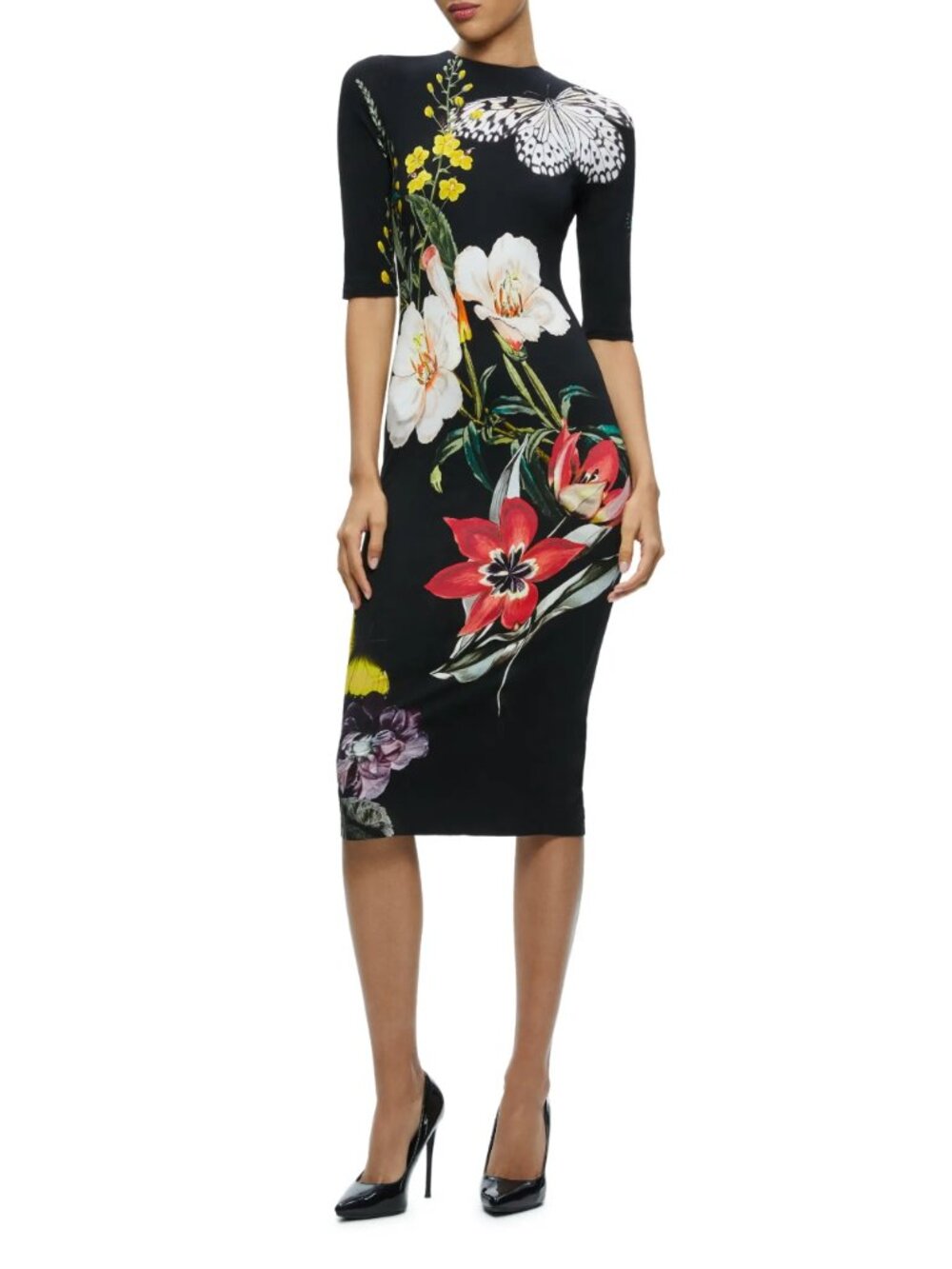 Alice + Olivia Delora Floral Butterfly Midi Dress Black Size 8
